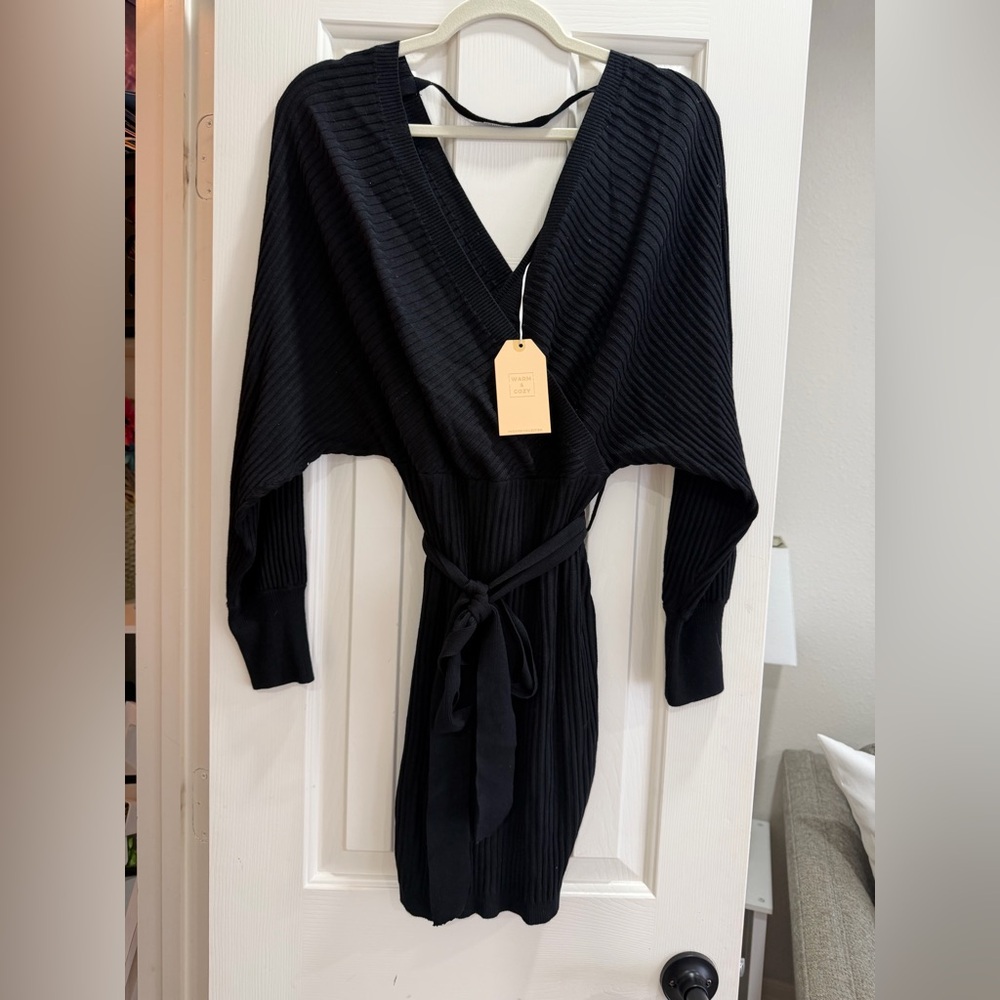 Black Ribbed Wrap Sweater Dress with Waist Tie